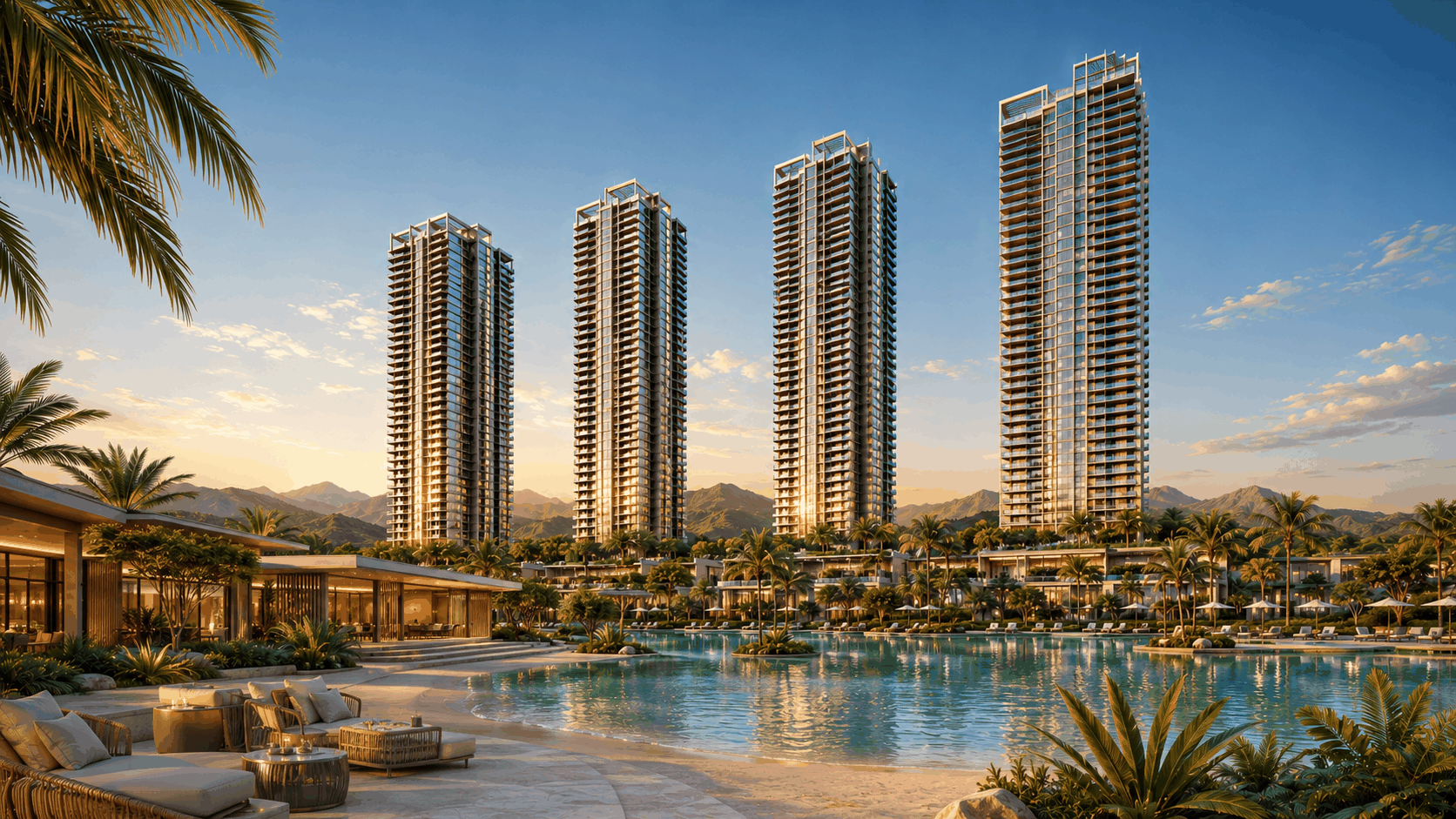 Godrej Verano towers overlooking the landscaped clubhouse and pool